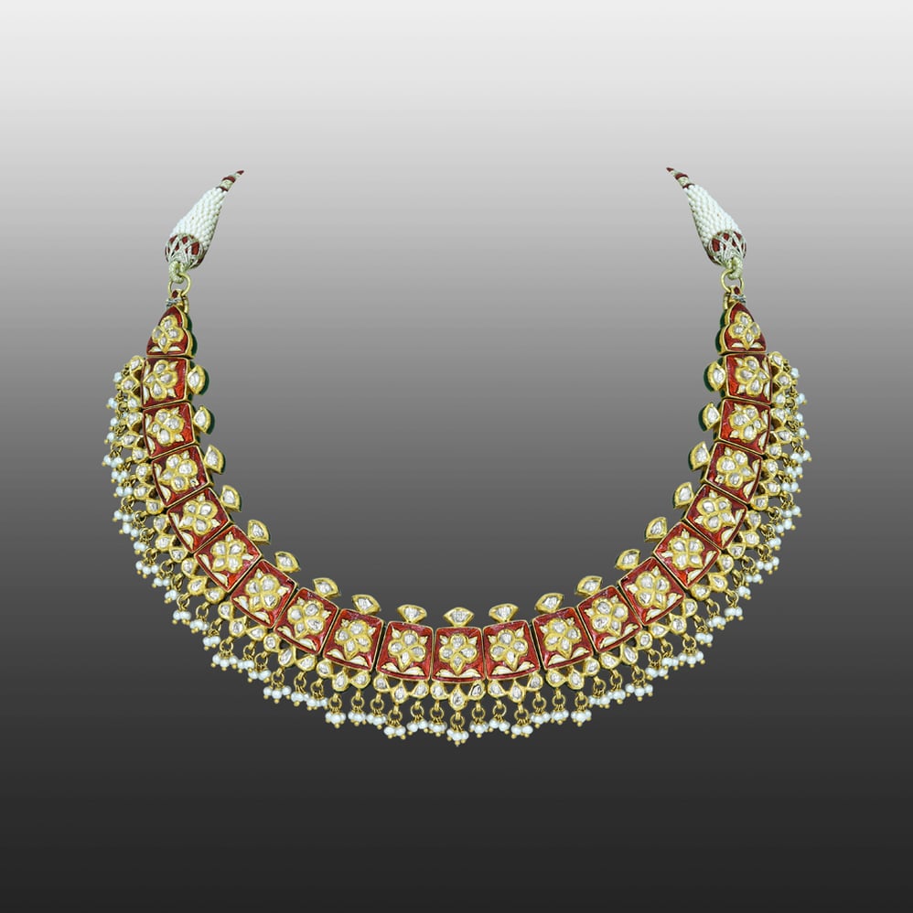 Red Enamel Polki Necklace with Floral Motifs and Cheed Pearls